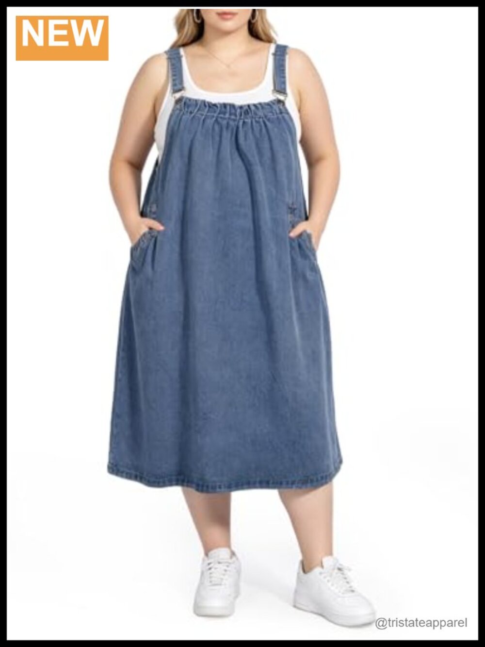 Plus Size Denim Overall Dress Adjustable Straps Pockets A-Line Midi Jumper